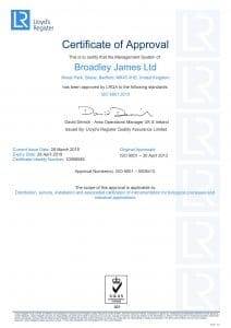 Broadley-James Ltd accredited to ISO 9001:2015